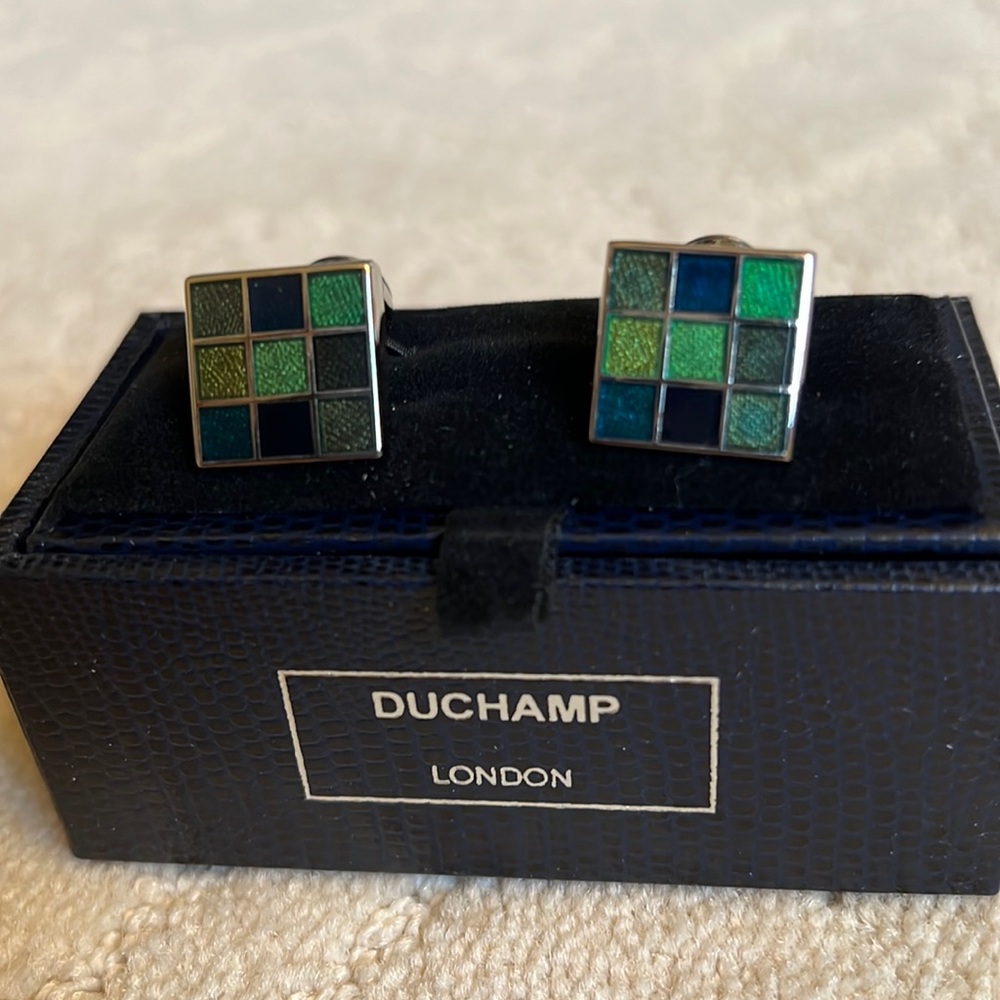 Duchamp Cuff Links green checkers. Original box